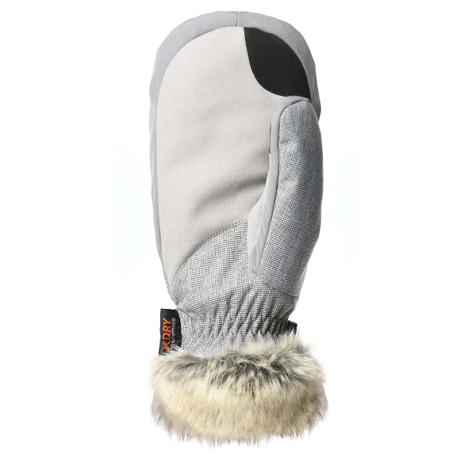 Marwood-Mitt-Palm-1500x1500-1-1.jpg Single light-grey insulated mitten with textured fabric, black thumb reinforcement, elasticated wrist and beige faux-fur cuff
