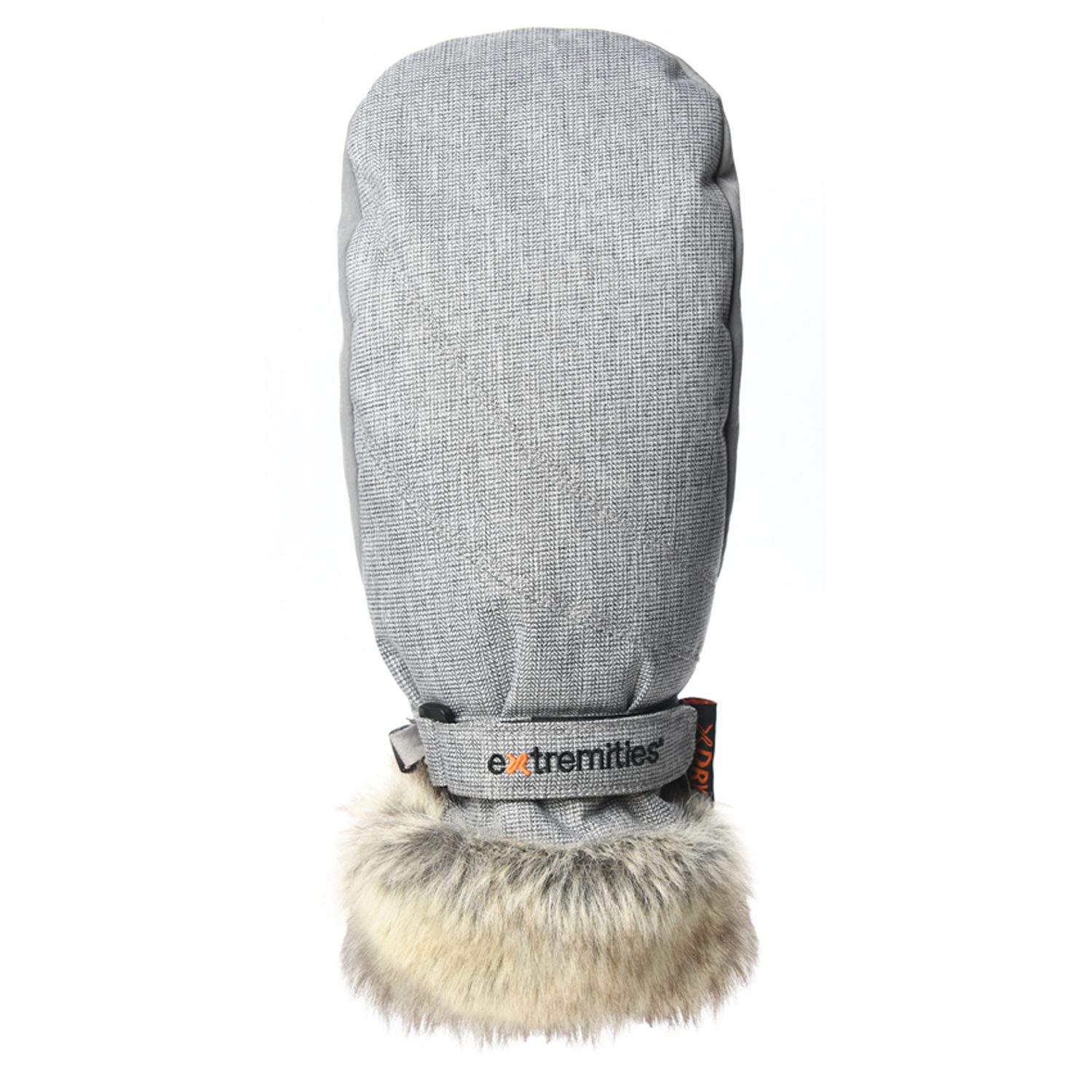 Marwood-Mitt-Rear-1500x1500-1-1.jpg Light grey textured winter mitten with an adjustable wrist strap labelled extremities and a fluffy beige faux-fur cuff, shown against a white background.