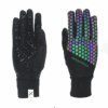 Maze-Runner-Back-and-Palm-1.png Two black gloves shown flat, one palm-side up with textured rubberised cross-grip and a white GLO cuff tag, the other back-side up with a multicoloured iridescent hexagonal pattern and 'extremities' logo.
