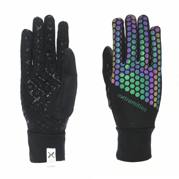 Maze-Runner-Back-and-Palm-1.png Two black gloves shown flat, one palm-side up with textured rubberised cross-grip and a white GLO cuff tag, the other back-side up with a multicoloured iridescent hexagonal pattern and 'extremities' logo.