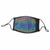 Maze-Runner-Face-Mask-1-1.png Reusable cloth face mask with black trim and adjustable ear loops, featuring an iridescent honeycomb hexagon pattern in blue, purple and green.