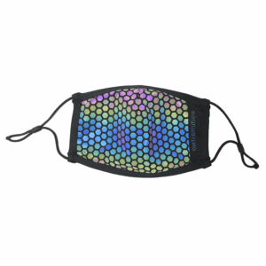 Reusable cloth face mask with black trim and adjustable ear loops, featuring an iridescent honeycomb hexagon pattern in blue, purple and green.