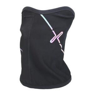 Maze-Runner-Face-Mask-4.jpg Black tubular neck gaiter with an iridescent pastel diagonal stripe, stitched side mesh panel and top seam, shown on a white background
