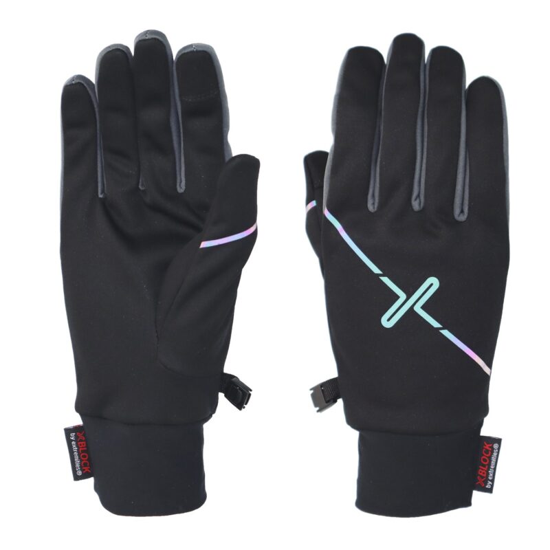 Maze-Runner-Gloves-5.jpg Pair of black winter gloves laid flat side by side — left glove palm-up and right glove back-up — with grey fingertip panels, an iridescent diagonal stripe and stylised logo on the back, plus small wrist clasp and labels.