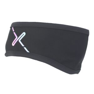 Maze-Runner-Headband-3.jpg Black fabric headband with stitched top and bottom edges and a small iridescent pastel X logo on the left side.