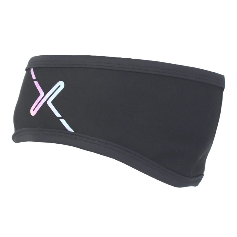 Maze-Runner-Headband-3.jpg Black fabric headband with stitched top and bottom edges and a small iridescent pastel X logo on the left side.