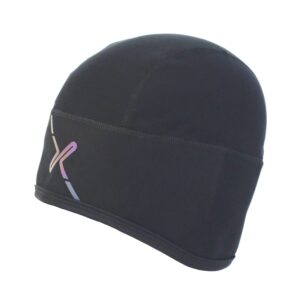 Black neoprene swim cap with stitched panel seams and a small iridescent abstract logo near the lower left edge.
