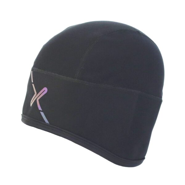 Black neoprene swim cap with stitched panel seams and a small iridescent abstract logo near the lower left edge.