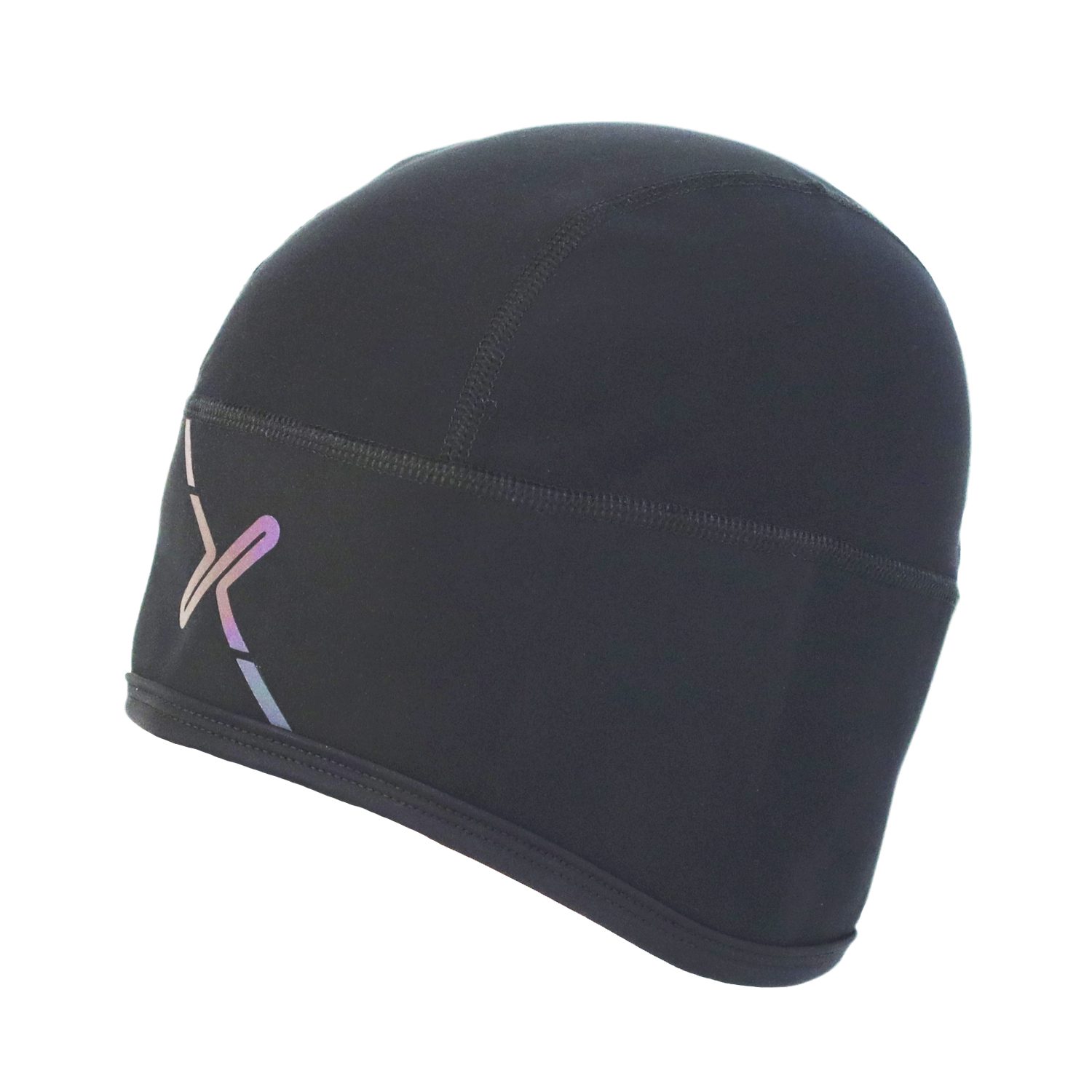 Maze-Runner-Skull-Cap-3.jpg Black neoprene swim cap with stitched panel seams and a small iridescent abstract logo near the lower left edge.