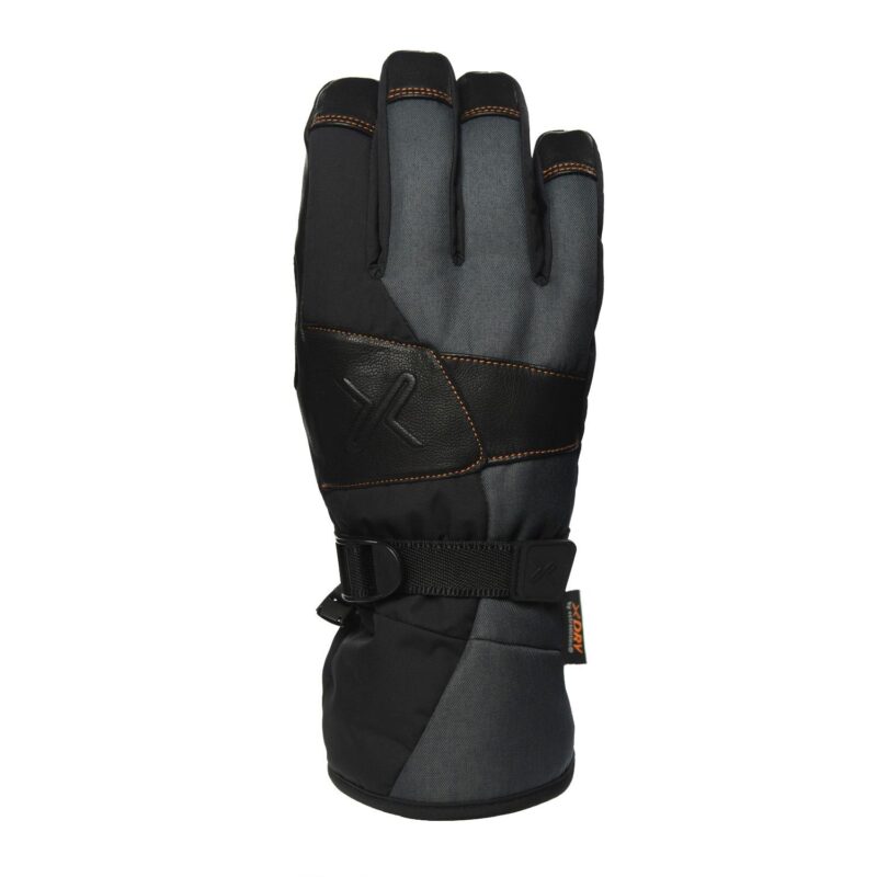 Meridian-Glove-Back_1500px_300dpi-3.jpg Black and grey insulated winter glove with orange contrast stitching, embossed X logo on the back, leather-look palm reinforcement, adjustable wrist strap and extended cuff