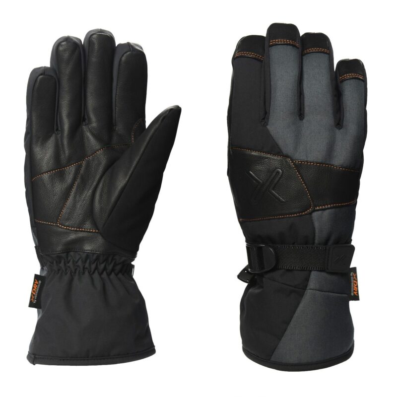 Meridian-Glove-Palm-and-Back_1500px_300dpi-3.jpg Pair of insulated winter gloves side by side, left glove palm-up showing black leather palm and elasticated wrist, right glove back-up in grey and black fabric with orange contrast stitching and an adjustable wrist strap.
