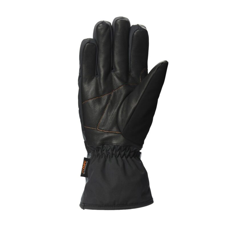 Meridian-Glove-Palm_1500px_300dpi-3.jpg Black insulated winter glove showing a leather palm with reinforced thumb, orange contrast stitching, elasticated wrist and a long fabric cuff with a small brand tag.
