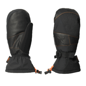 Meridian-Mitt-Back-and-Palm-3.png Pair of black insulated winter mittens shown side-by-side, one showing a smooth leather palm with orange contrast stitching and elasticated cuff with orange drawcord, the other showing a textured back panel with a wrist strap and embossed logo.