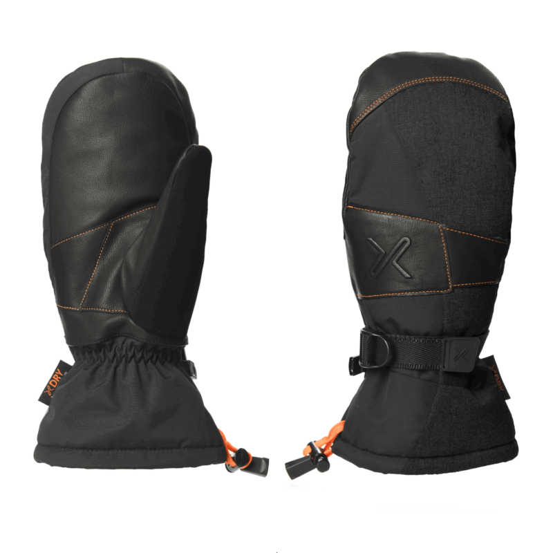 Pair of black insulated winter mittens shown side-by-side, one showing a smooth leather palm with orange contrast stitching and elasticated cuff with orange drawcord, the other showing a textured back panel with a wrist strap and embossed logo.