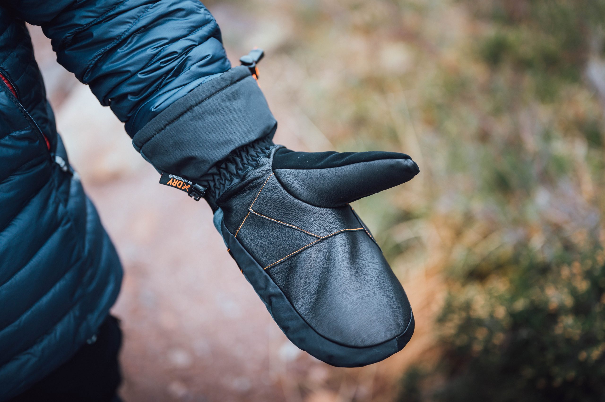 Close-up of an outstretched hand wearing a black leather mitten with orange stitching and a blue puffer jacket sleeve, set against a blurred outdoor path and foliage background.