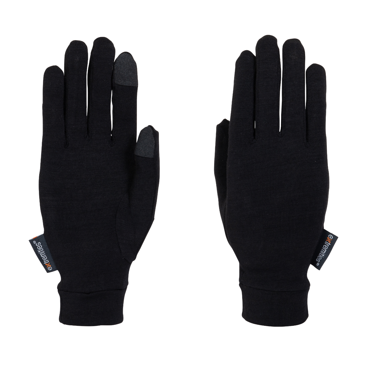 Merino-Touch-Liner-Back-and-Palm-3.png Pair of black lightweight gloves laid flat on a white background, one showing the palm side with grey touchscreen-compatible pads on the thumb and index fingertip and a small brand tag at the wrist, the other showing the back of the hand.