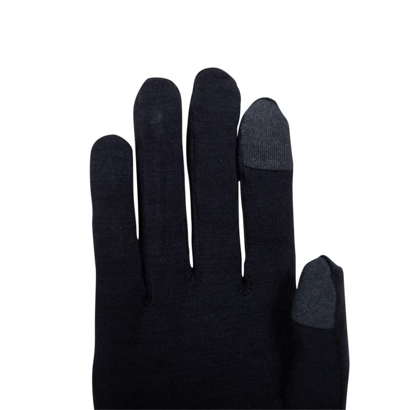 Black knit glove displayed upright against a white background with contrasting grey touchscreen tips on the thumb and index finger.