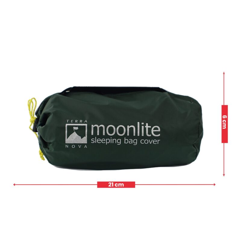 Moonlite-Bag-Cover-1500-x-1500-3.jpg Dark green cylindrical stuff sack with white "moonlite sleeping bag cover" text and Terra Nova logo, yellow drawcord at left and red measurement arrows showing 21 cm length and 6 cm height.
