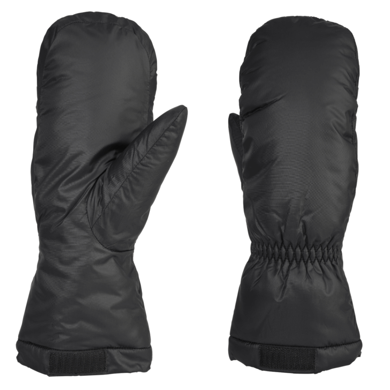 Mountain-Glove-Inner-1-3.png Pair of black insulated winter mittens on a white background, left showing palm and thumb seams and right showing the back with an elasticated wrist and short gauntlet secured by a hook-and-loop strap.