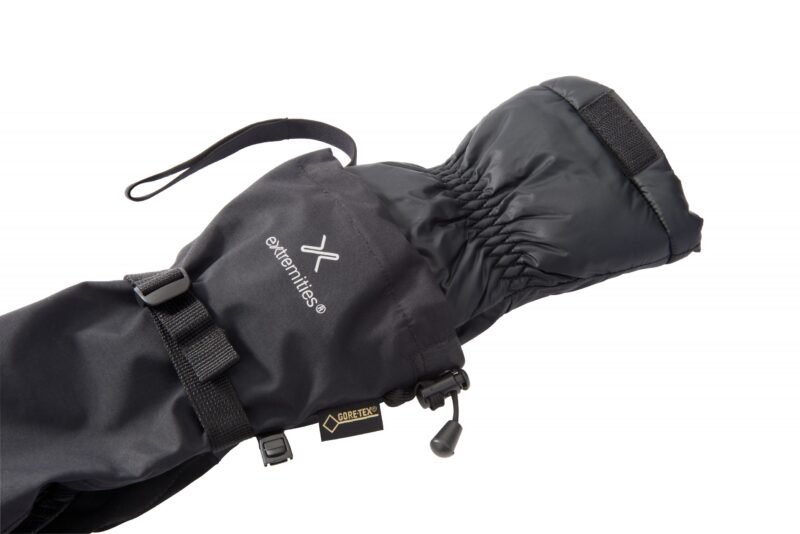 Mountain-Mitt-Inner-Outer-Close-up-scaled-4.jpg Black Extremities GORE-TEX insulated gauntlet-style winter mitten with elasticated wrist, adjustable strap, Velcro cuff and cord toggle on a white background