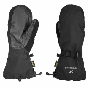 Mountain-Mitts-3.png Pair of black insulated winter mittens—one showing a textured leather palm and the other showing the fabric back with an adjustable wrist strap, drawcord cuff and Gore‑Tex tags