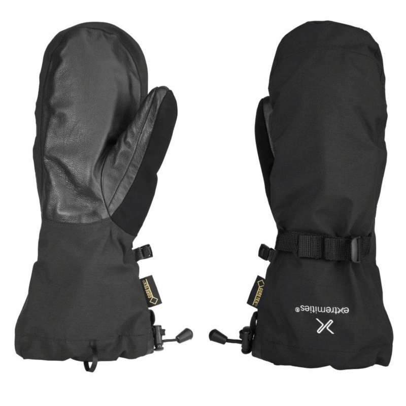 Mountain-Mitts-3.png Pair of black insulated winter mittens—one showing a textured leather palm and the other showing the fabric back with an adjustable wrist strap, drawcord cuff and Gore‑Tex tags