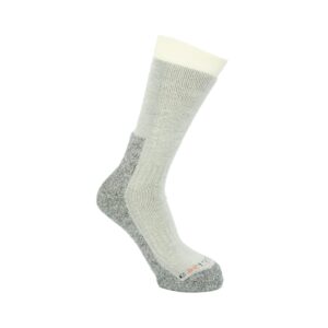 Mountain-Toester-Socks-Oatmeal-Grey-scaled-4.jpg Light grey mid-calf knitted sock with a cream cuff, darker grey cushioned heel and toe and ribbed texture, displayed on a white background.