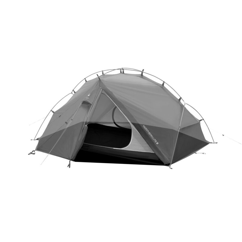 Northern-Lite-2-1500x1500-1-3.jpg Grey dome-style two-person camping tent with arched pole frame and rainfly, front door partly open revealing inner mesh and black groundsheet, with guy lines staked out.