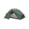 Northern-Lite-2-1_1500px_72dpi-1-1.jpg Green two-person dome tent with bright pink crossed poles, a partially open front flap revealing a grey mesh inner tent and black groundsheet, secured with yellow guy lines
