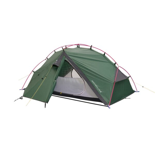 Northern-Lite-2-1_1500px_72dpi-1-1.jpg Green two-person dome tent with bright pink crossed poles, a partially open front flap revealing a grey mesh inner tent and black groundsheet, secured with yellow guy lines