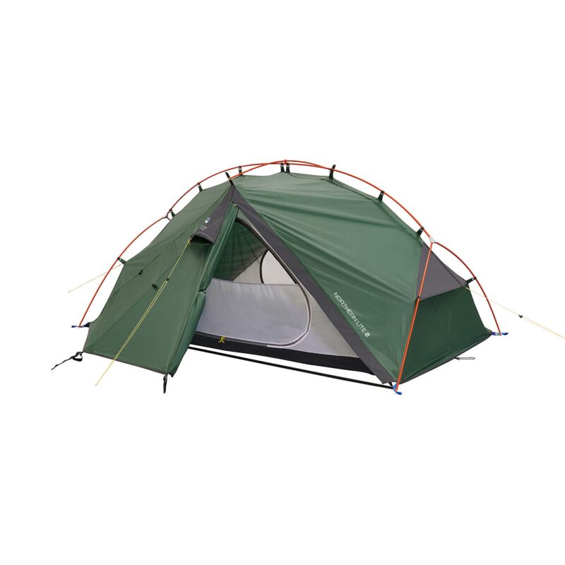 Green two-person dome tent with bright orange external poles, partially open rainfly revealing a grey mesh inner sleeping area and triangular vestibule entrance.