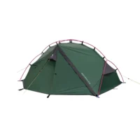 Low-profile green two-person dome tent with bright pink external poles, yellow guy lines and a grey triangular vestibule, 'NORTHERN LITE 2' printed on the side, photographed on a plain white background.