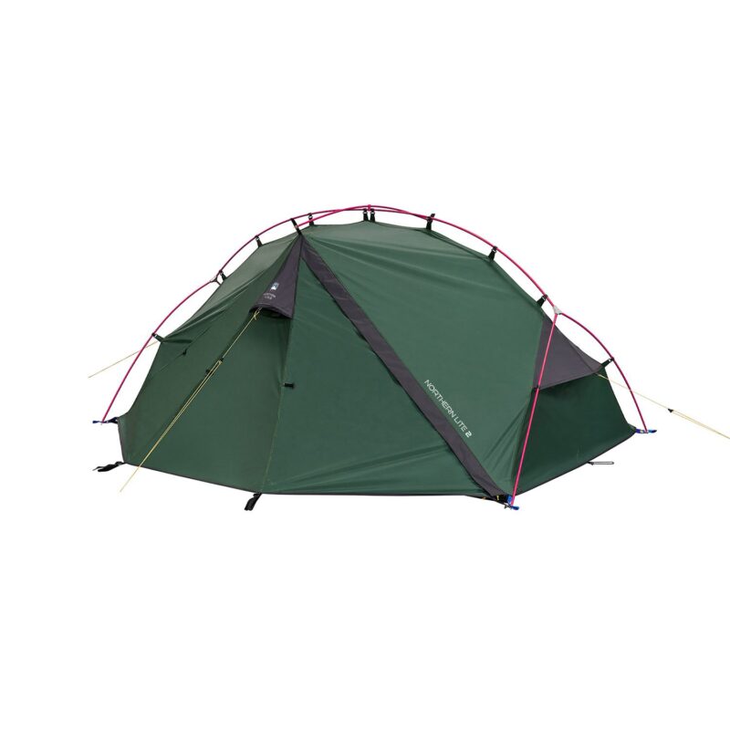 Northern-Lite-2-2_1500px_72dpi-1-1.jpg Low-profile green two-person dome tent with bright pink external poles, yellow guy lines and a grey triangular vestibule, 'NORTHERN LITE 2' printed on the side, photographed on a plain white background.