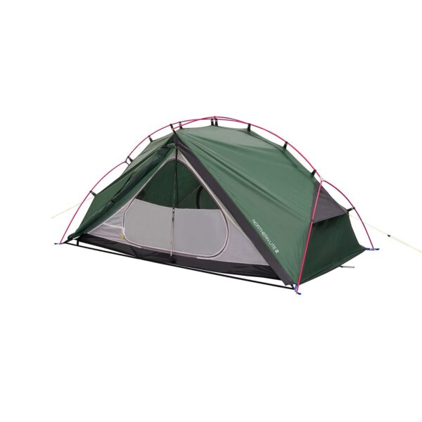 Northern-Lite-2-4_1500px_72dpi-1-1.jpg Green two-person dome tent with pink crossed pole frame, grey mesh inner door and black floor, shown pitched against a plain white background.