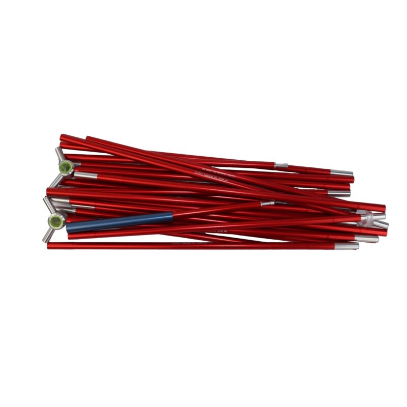 Northern-Lite-2-Poleset-3.jpg Bundle of disassembled red aluminium tent poles lying stacked, showing silver ferrules, plastic end connectors with green accents and one blue sleeve.
