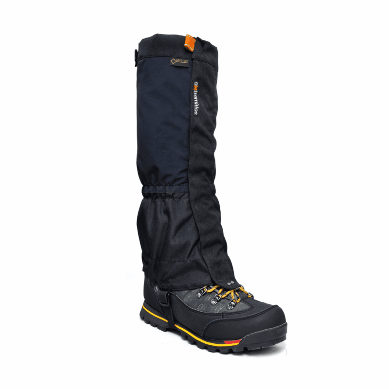 NovaGaiter_1500px_300dpi-1-3.png Tall black waterproof gaiter fitted over a sturdy black hiking boot with yellow lace accents and yellow-and-red sole trim, metal eyelets and deep lug tread on a white background.