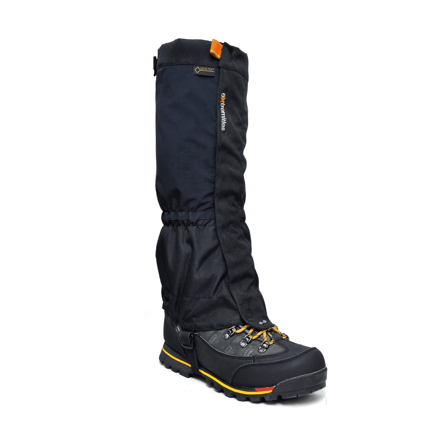NovaGaiter_1500px_300dpi-1-3.png Tall black waterproof gaiter fitted over a sturdy black hiking boot with yellow lace accents and yellow-and-red sole trim, metal eyelets and deep lug tread on a white background.