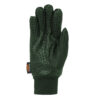 O22SWPG-Waterproof_Sticky_Power_Liner_Glove_Green-palm-1500x1500-72dpi-2.jpg Dark green left-hand glove with a square-gridded textured grip across the palm and fingers, smooth thumb reinforcement, ribbed cuff and a small black tag with orange X-DRY text.