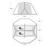 PANACEA-UPDATED-e1713266763493-3.jpg Side elevation showing tent peak height 104 cm and internal width 114 cm, and octagonal floor plan 226 cm across with a 114 cm central sleeping area flanked by two 70 cm sections, two sleeping mats placed head-to-head and a central support pole shown.