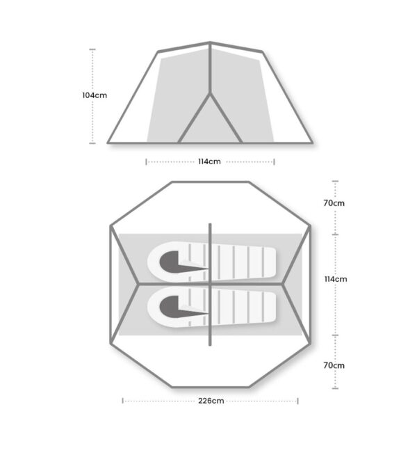 PANACEA-UPDATED-e1713266763493-3.jpg Side elevation showing tent peak height 104 cm and internal width 114 cm, and octagonal floor plan 226 cm across with a 114 cm central sleeping area flanked by two 70 cm sections, two sleeping mats placed head-to-head and a central support pole shown.