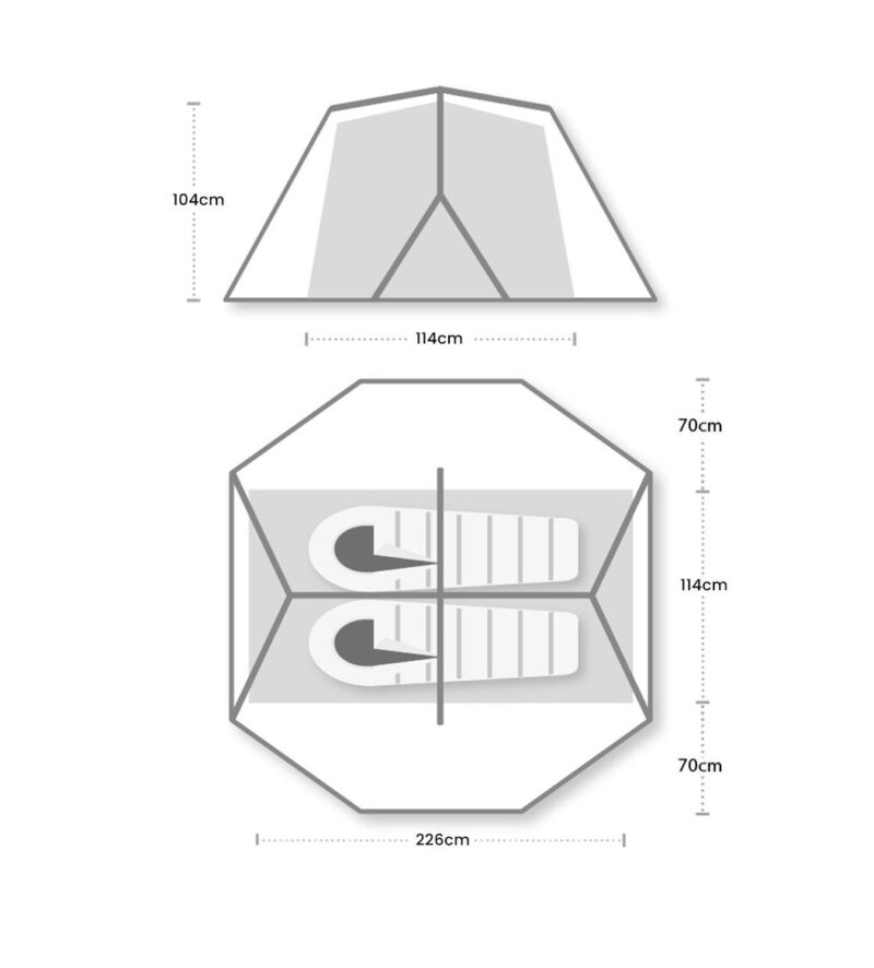 Side elevation showing tent peak height 104 cm and internal width 114 cm, and octagonal floor plan 226 cm across with a 114 cm central sleeping area flanked by two 70 cm sections, two sleeping mats placed head-to-head and a central support pole shown.