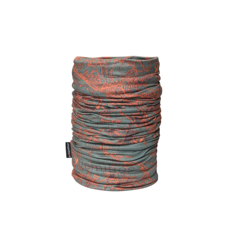 Green-grey tubular neck gaiter scrunched into a short cylinder, printed with an orange map-like pattern and a small black brand tag, on a plain white background.