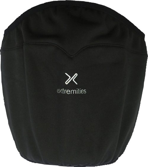 Black balaclava-style head cover with a white stylised 'X' logo and the word extremities embroidered on the front, featuring a curved top seam and elasticated bottom edge.
