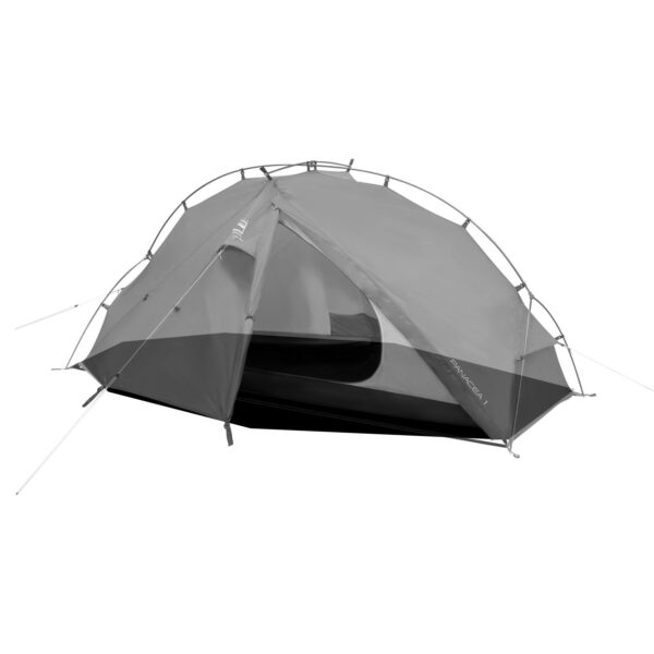 Panacea-1-3.jpg Grey dome-style backpacking tent with crossed poles and guy lines, flysheet partially open to reveal an inner mesh door and black bathtub floor.