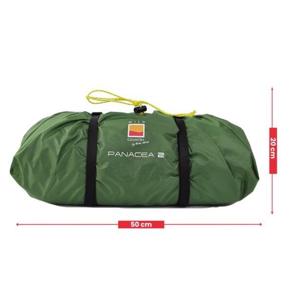 Panacea-2-1500-x-1500-3.jpg Green Panacea 2 compression sack with two black straps and a yellow drawcord, branded Wild Country, on a white background with red arrows indicating 50 cm width and 20 cm height