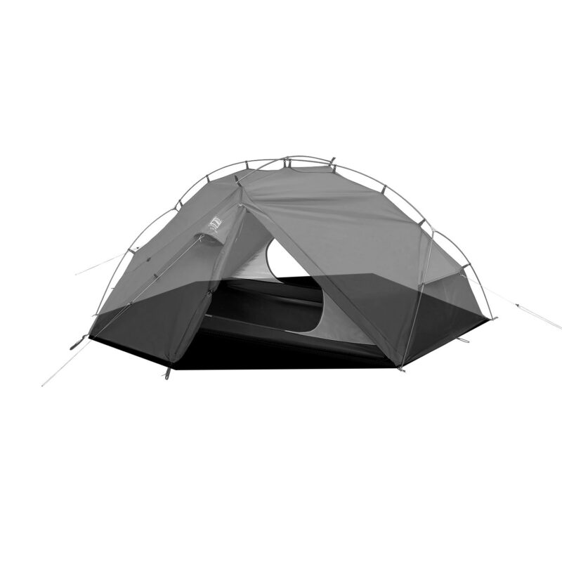 Two-person dome camping tent with crossed external poles and guylines, a partially open rainfly showing the inner mesh sleeping area and black bathtub floor, shown on a white studio background.