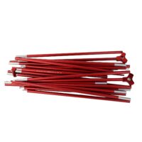 Bundle of metallic red collapsible tent poles with silver ferrules and red triangular hub connectors, disassembled and stacked on a white background