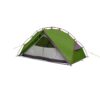 Panacea-2-4_1500px_72dpi-With-Logo-3.jpg Green dome-style two-person camping tent with a grey mesh inner door, red crossed poles and yellow guylines, shown on a white background.