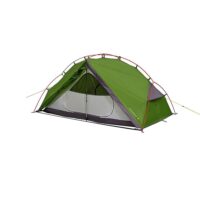 Green dome-style two-person camping tent with a grey mesh inner door, red crossed poles and yellow guylines, shown on a white background.