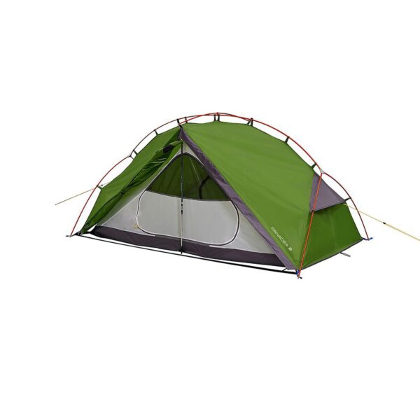 Panacea-2-4_1500px_72dpi-With-Logo-3.jpg Green dome-style two-person camping tent with a grey mesh inner door, red crossed poles and yellow guylines, shown on a white background.